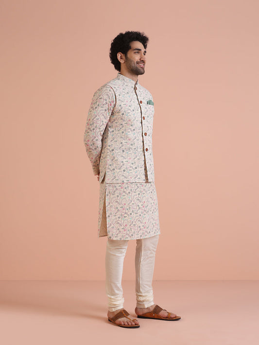 Multicolor Printed Nehru Jacket Kurta Churidar Set