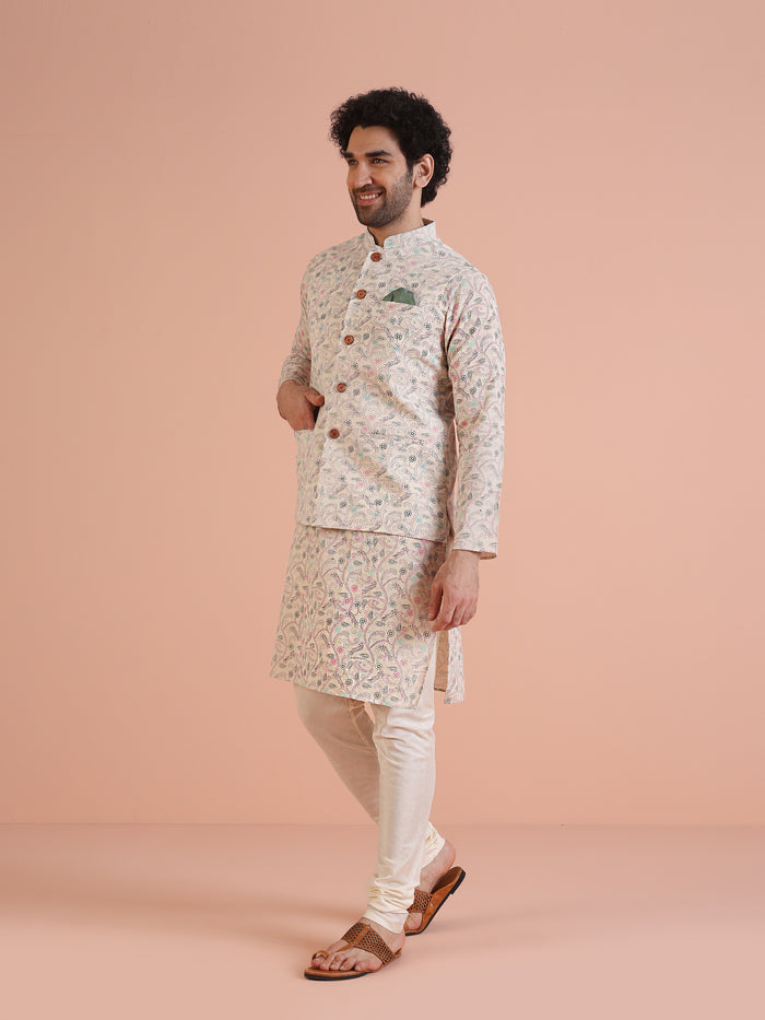 Multicolor Printed Nehru Jacket Kurta Churidar Set