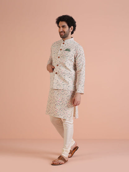 Multicolor Printed Nehru Jacket Kurta Churidar Set
