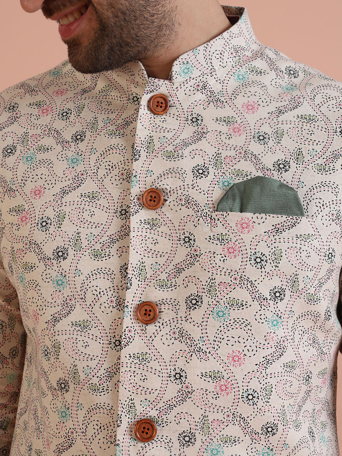 Multicolor Printed Nehru Jacket Kurta Churidar Set