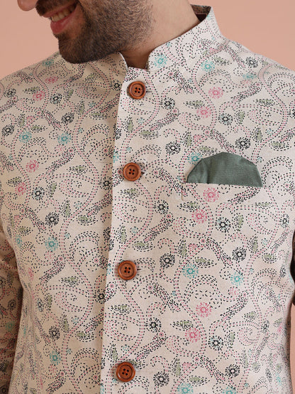 Multicolor Printed Nehru Jacket Kurta Churidar Set