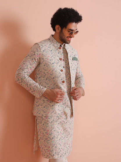 Multicolor Printed Nehru Jacket Kurta Churidar Set