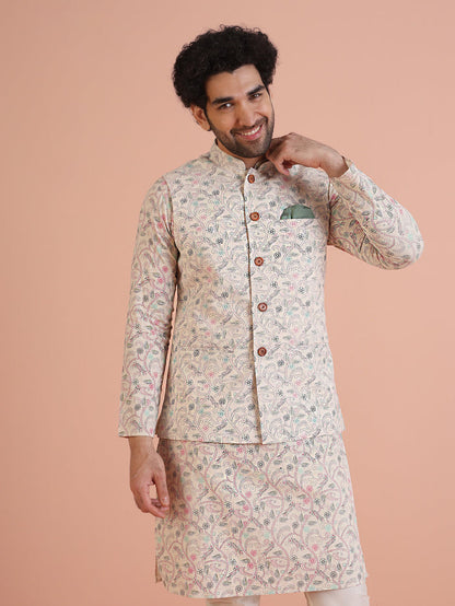 Multicolor Printed Nehru Jacket Kurta Churidar Set