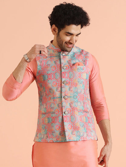 Multicolor Printed Silk Blend Nehru Jacket