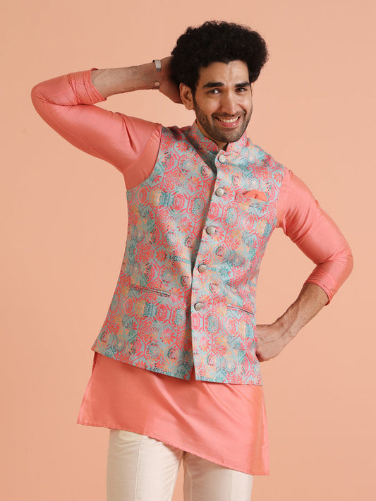 Multicolor Printed Silk Blend Nehru Jacket