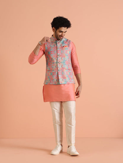 Multicolor Printed Silk Blend Nehru Jacket
