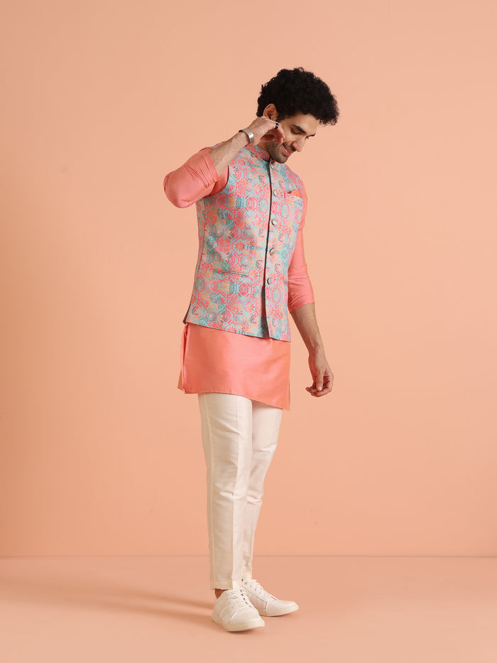 Multicolor Printed Silk Blend Nehru Jacket