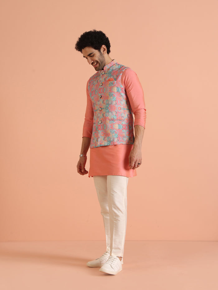 Multicolor Printed Silk Blend Nehru Jacket