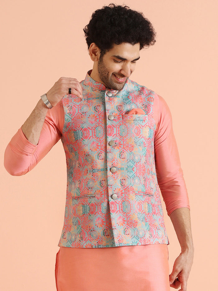 Multicolor Printed Silk Blend Nehru Jacket