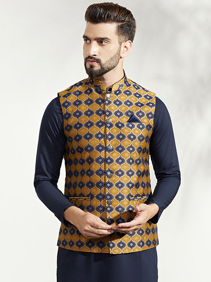 Mustard Navy Cotton Silk Textured Nehru Jacket