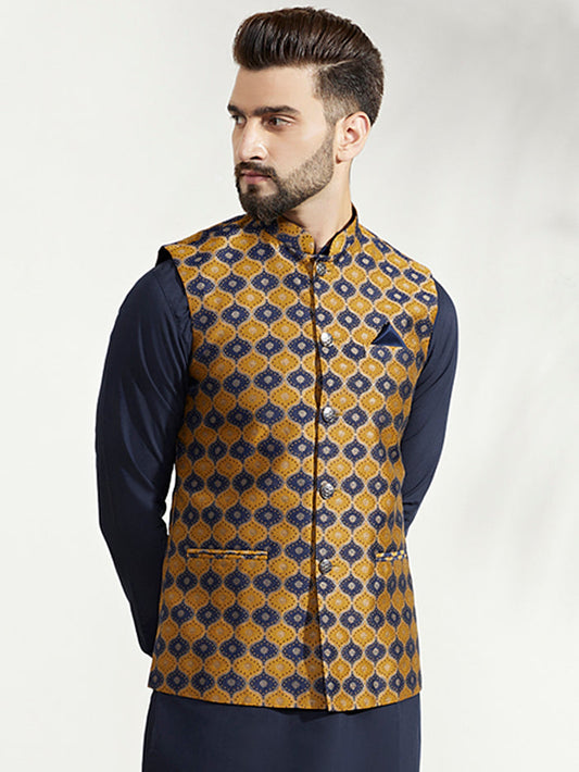 Mustard Navy Cotton Silk Textured Nehru Jacket