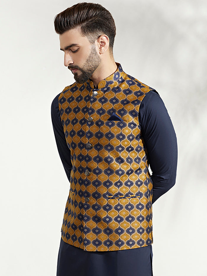 Mustard Navy Cotton Silk Textured Nehru Jacket
