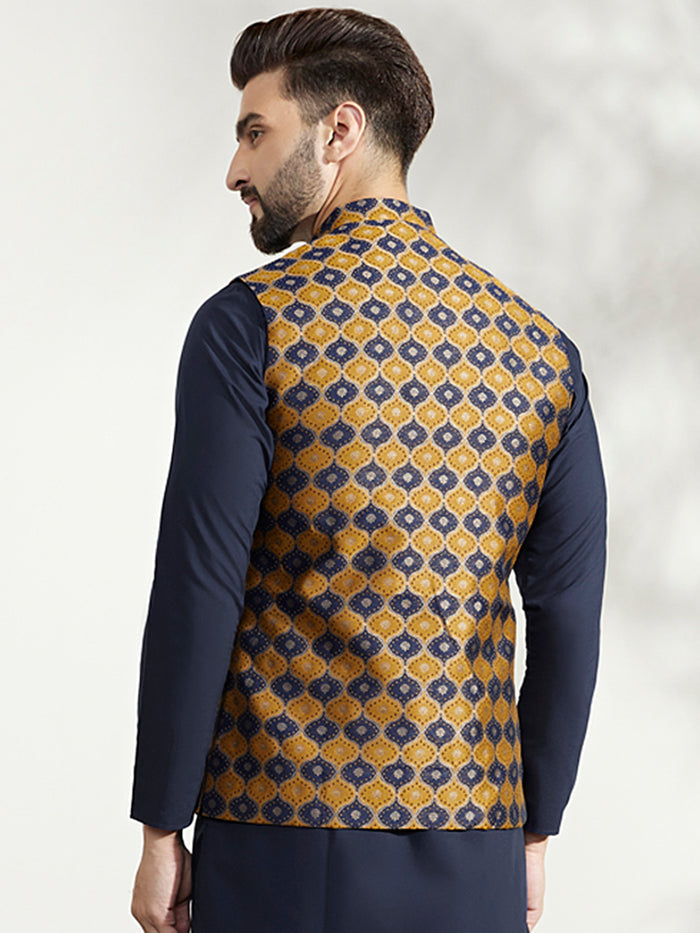 Mustard Navy Cotton Silk Textured Nehru Jacket