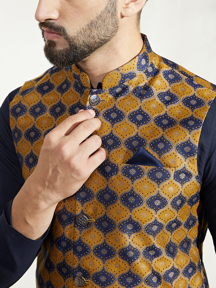 Mustard Navy Cotton Silk Textured Nehru Jacket