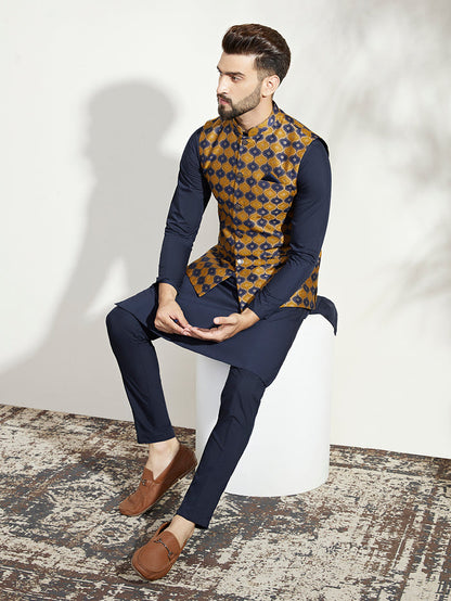 Mustard Navy Cotton Silk Textured Nehru Jacket