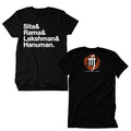 Black t-shirt with white Sita& Rama& Lakshman& Hanuman. text on the front. Back features a stylized orange and white logo with the word Mantralogy below.