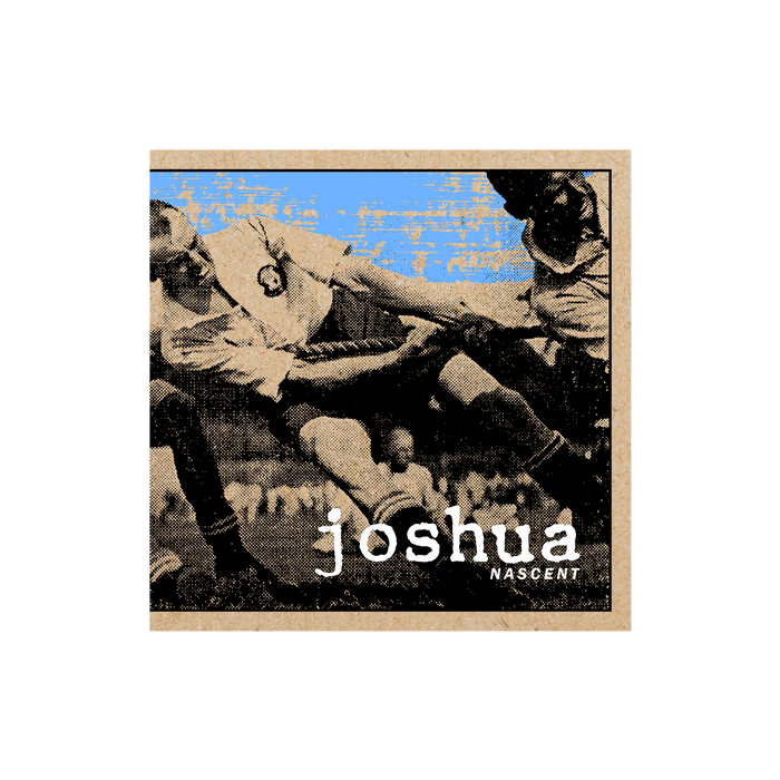 A vintage-style image of soccer players in action, one falling as others compete for the ball over a partly blue background. The text Joshua appears at the bottom, presented in a crystal clear polypropylene sleeve.