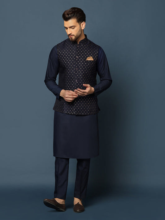 Navy Blue Embellished Nehru Jacket Kurta Set