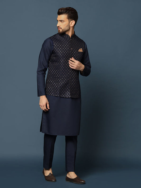 Navy Blue Embellished Nehru Jacket Kurta Set