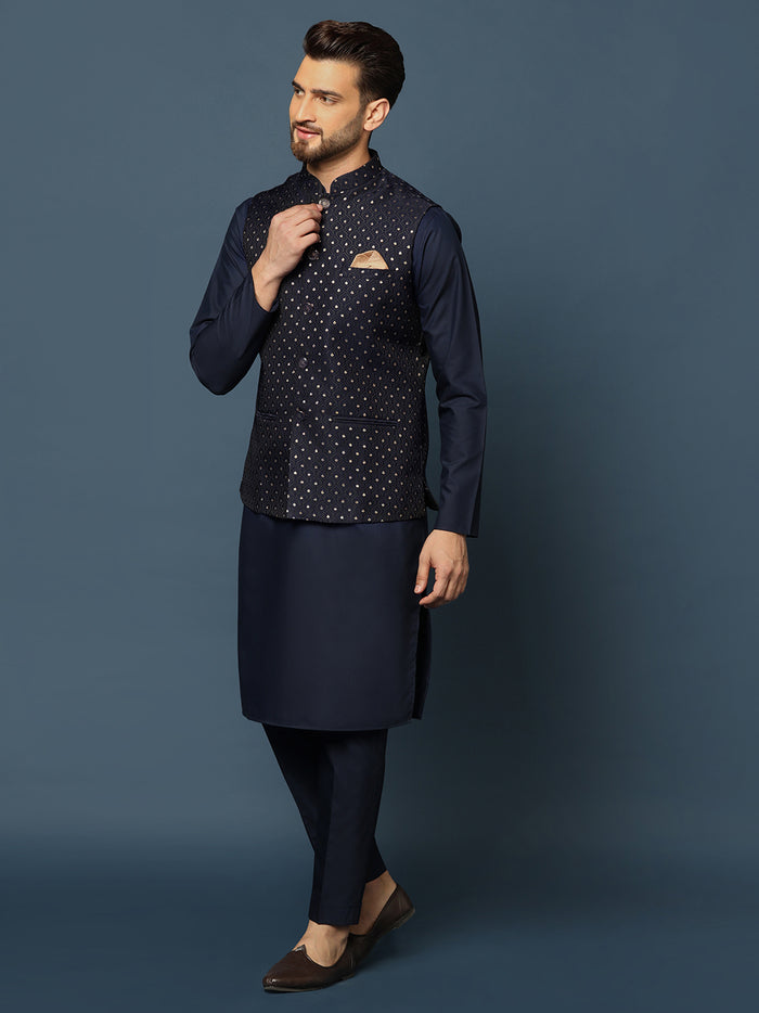 Navy Blue Embellished Nehru Jacket Kurta Set