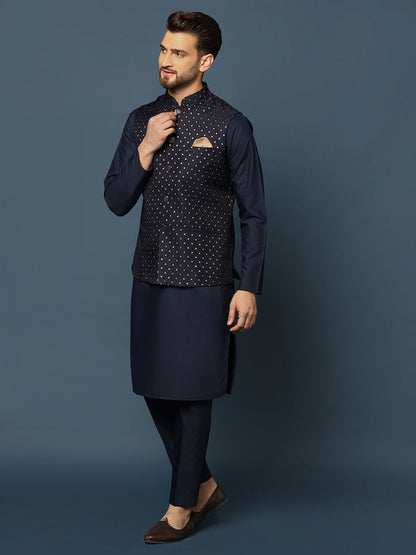 Navy Blue Embellished Nehru Jacket Kurta Set