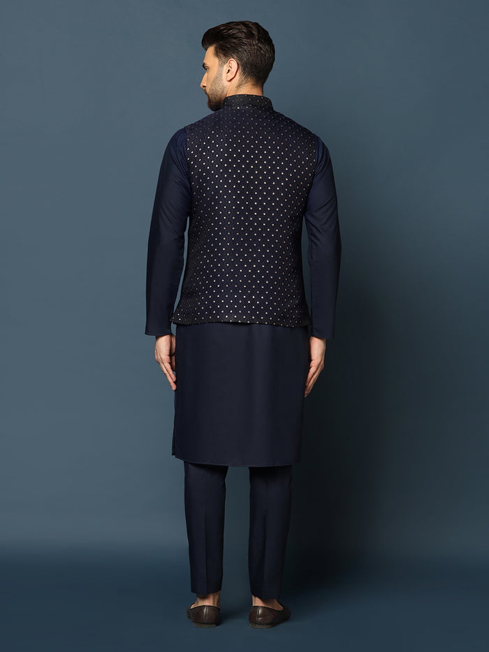 Navy Blue Embellished Nehru Jacket Kurta Set