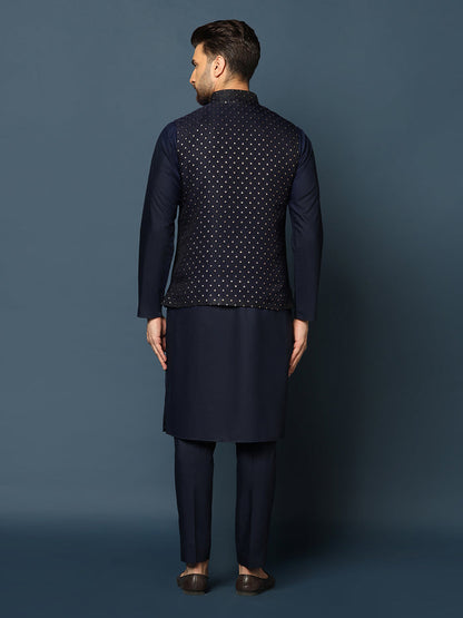 Navy Blue Embellished Nehru Jacket Kurta Set