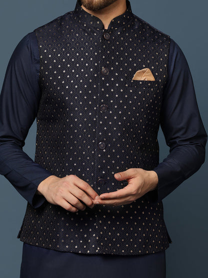 Navy Blue Embellished Nehru Jacket Kurta Set