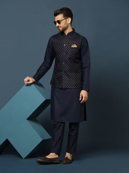 Navy Blue Embellished Nehru Jacket Kurta Set