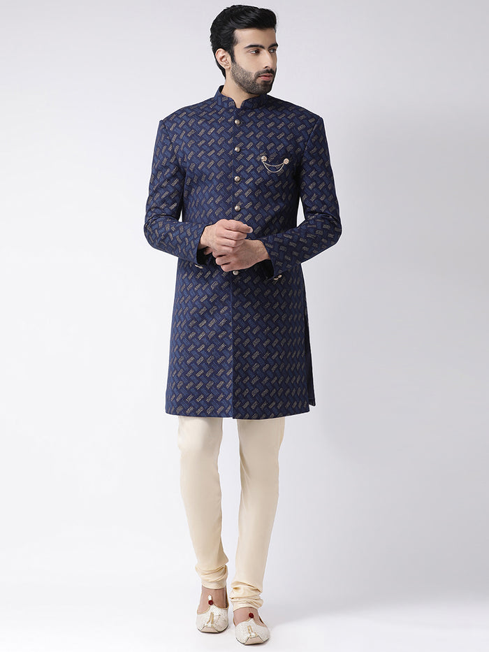 Navy Blue Jacquard Sherwani with Beige Churidar