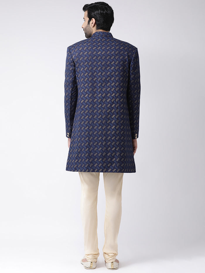 Navy Blue Jacquard Sherwani with Beige Churidar