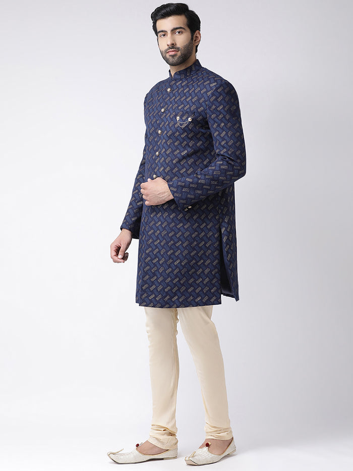 Navy Blue Jacquard Sherwani with Beige Churidar