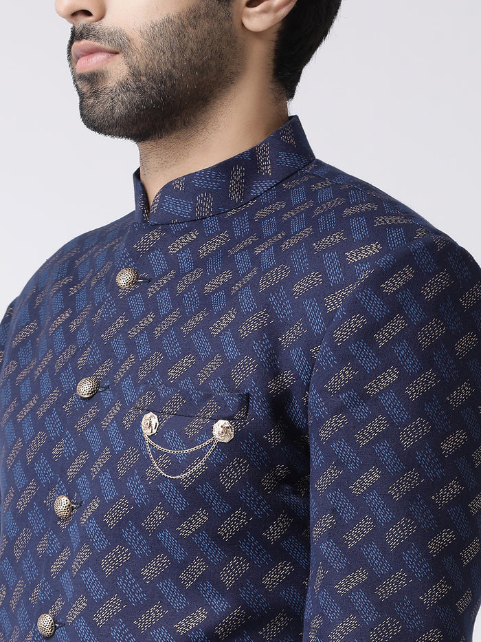 Navy Blue Jacquard Sherwani with Beige Churidar