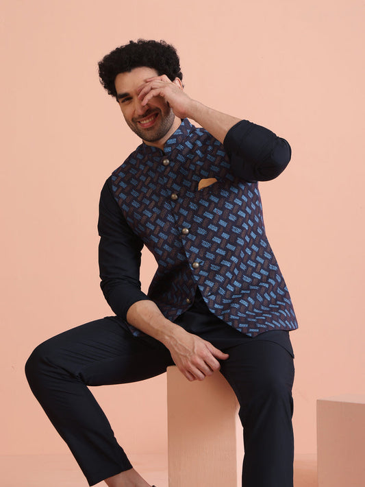 Navy Blue Printed Nehru Jacket