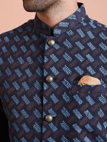 Navy Blue Printed Nehru Jacket