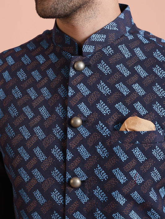 Navy Blue Printed Nehru Jacket