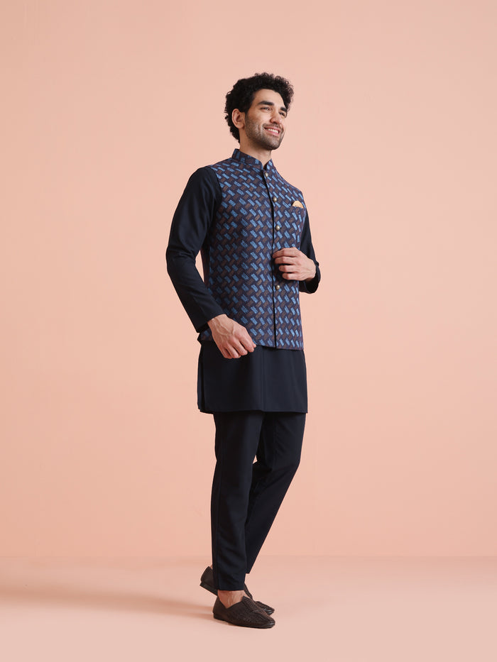 Navy Blue Printed Nehru Jacket