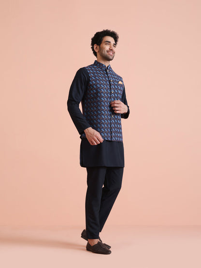 Navy Blue Printed Nehru Jacket