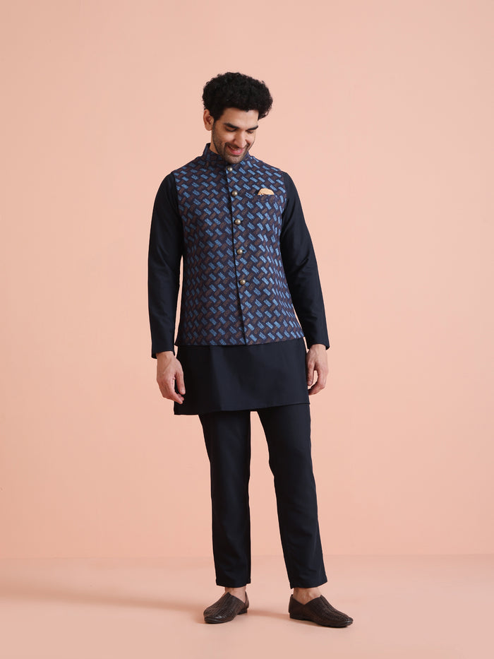 Navy Blue Printed Nehru Jacket
