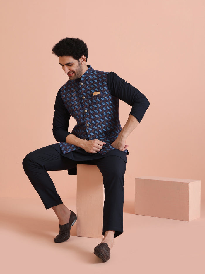 Navy Blue Printed Nehru Jacket