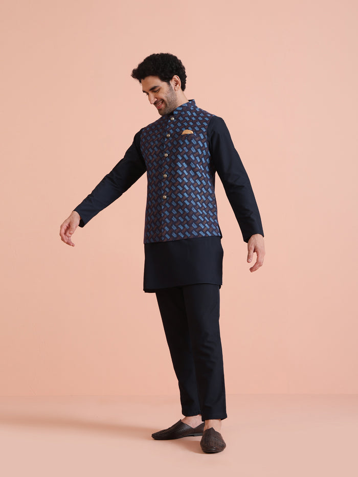 Navy Blue Printed Nehru Jacket