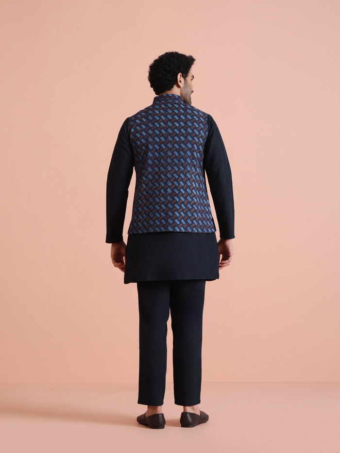 Navy Blue Printed Nehru Jacket