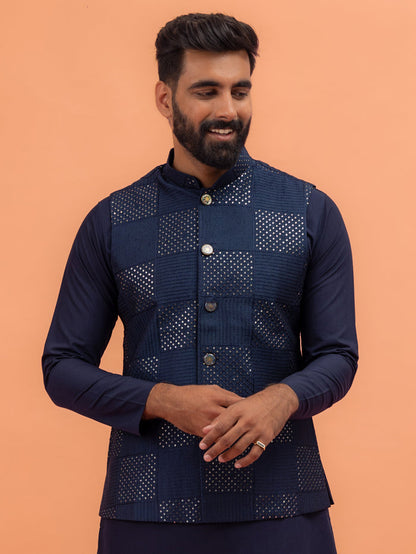 Navy Blue Sequence Work Nehru Jacket