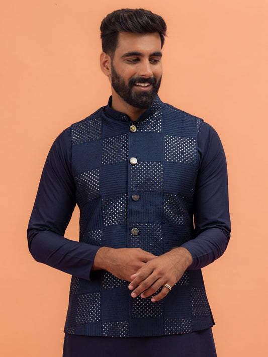 Navy Blue Sequence Work Nehru Jacket
