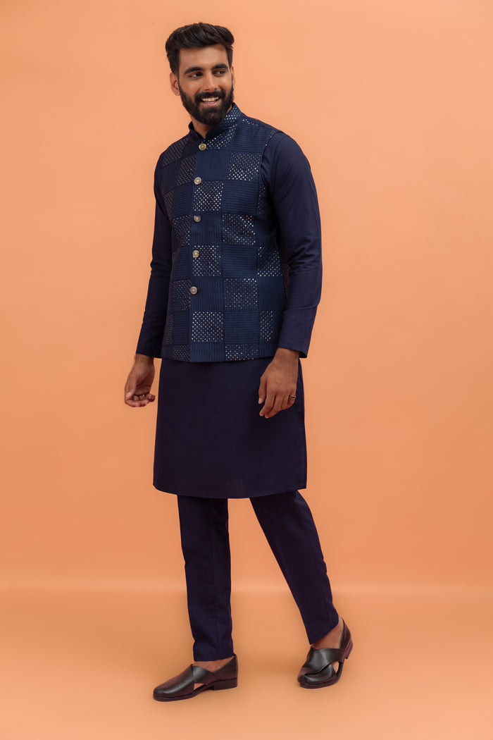 Navy Blue Sequence Work Nehru Jacket