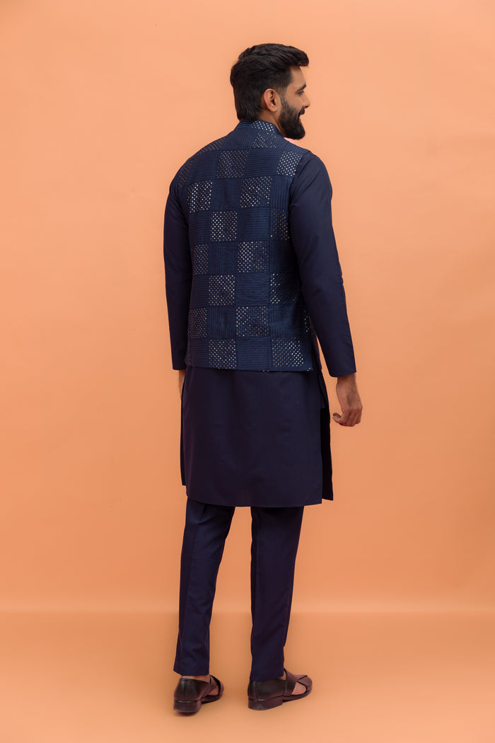 Navy Blue Sequence Work Nehru Jacket