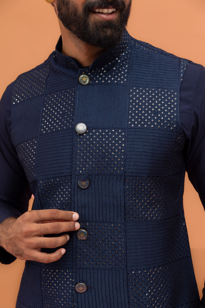 Navy Blue Sequence Work Nehru Jacket
