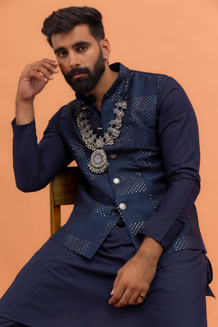 Navy Blue Sequence Work Nehru Jacket