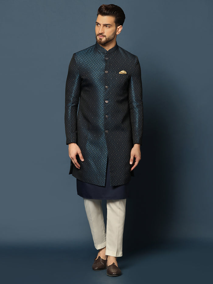 Navy Blue Silk Blend Indo-Western Sherwani Set with Jacquard Jacket, Kurta and Cream Trousers â€“ Wedding & Reception Ensemble