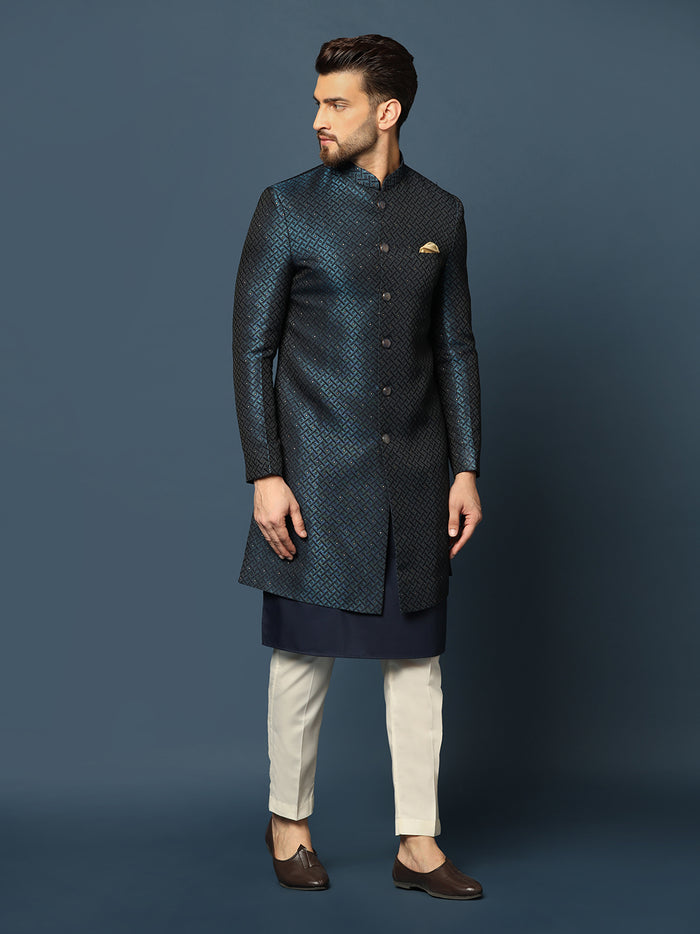 Navy Blue Silk Blend Indo-Western Sherwani Set with Jacquard Jacket, Kurta and Cream Trousers â€“ Wedding & Reception Ensemble